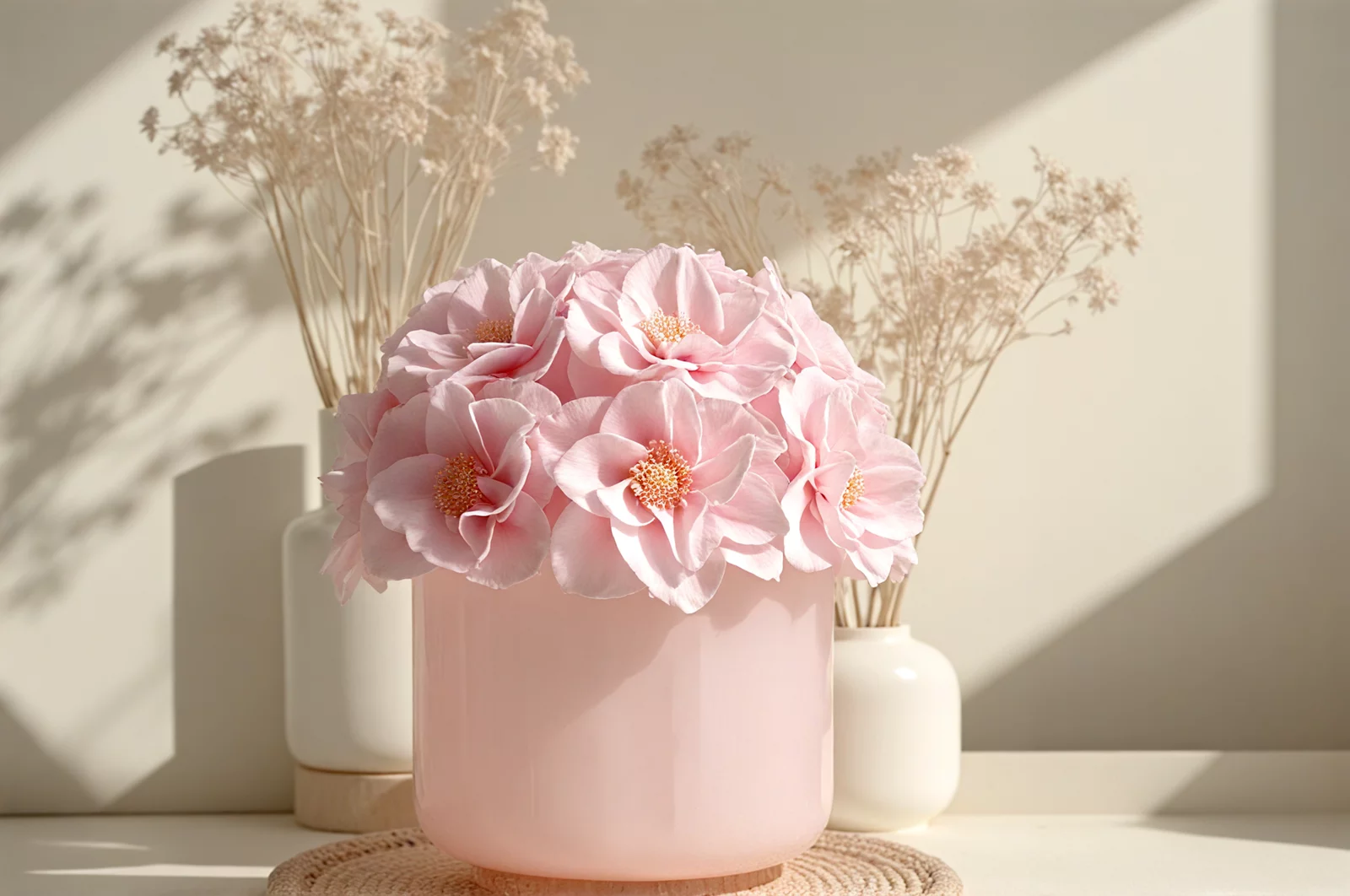 Minimalist sunlit room with pink hydrangea flowers in pale pink vase