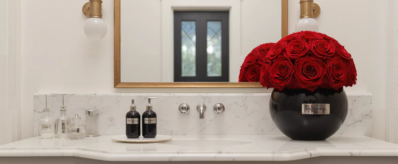 Modern bathroom vanity with black ceramic vase of red roses and gold-framed mirror