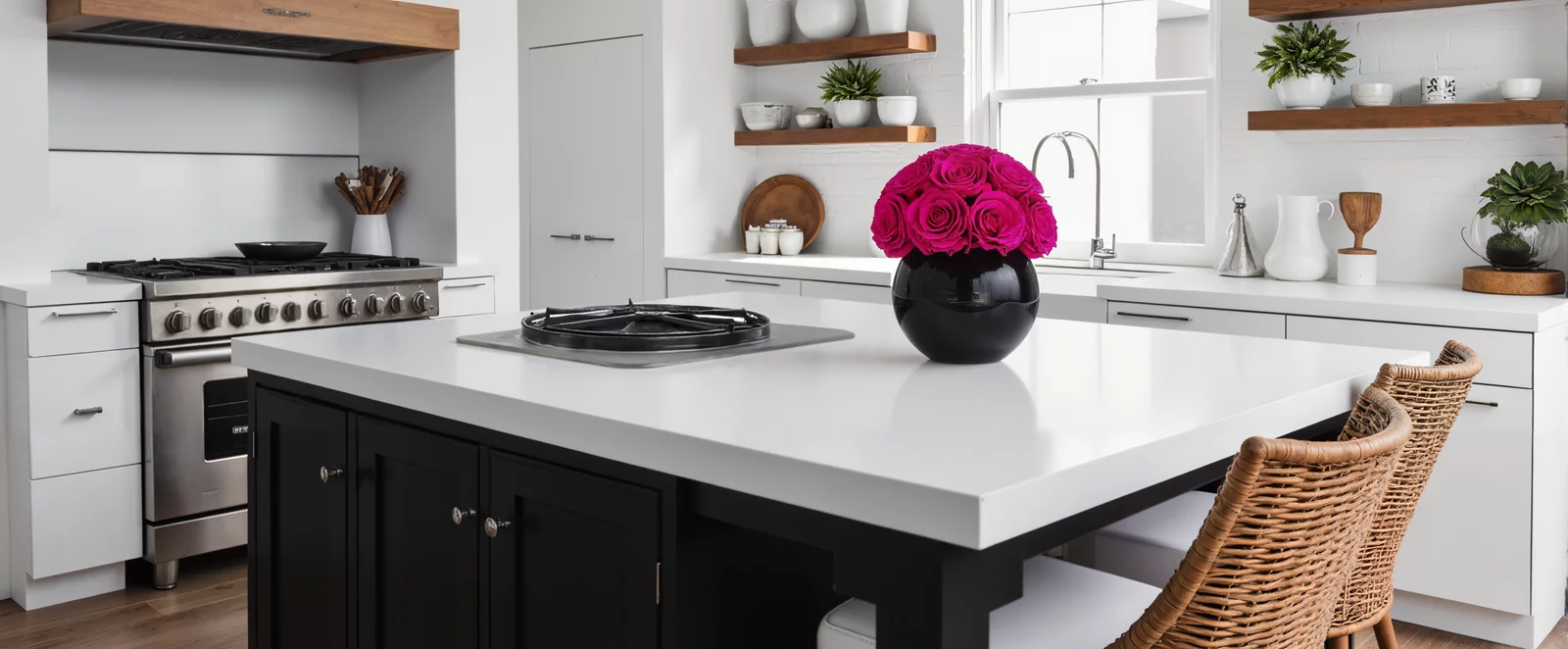 Black vase with pink roses on a kitchen island, modern floral arrangement.