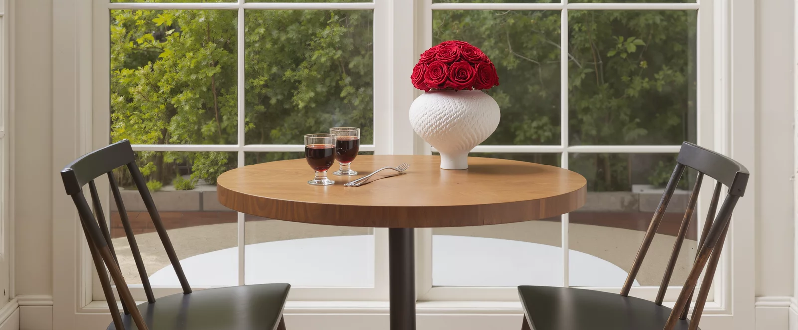 Cozy dining setup with wooden table, red roses, and garden view