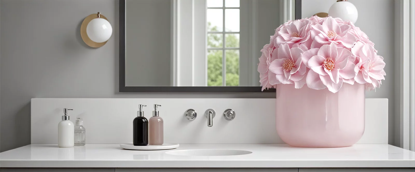 Modern bathroom sink area with pink floral bouquet and black-framed mirror