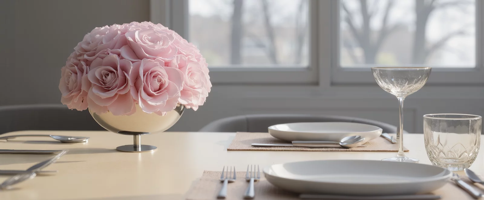 Minimalist dining table with pink paper rose centerpiece and winter view
