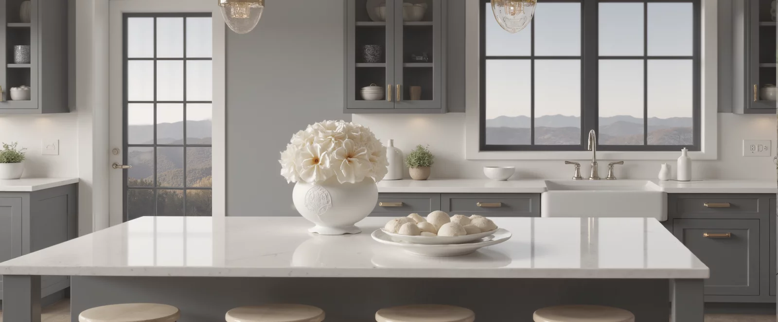White bowl with white ceramic eggs on a kitchen island, elegant floral display.