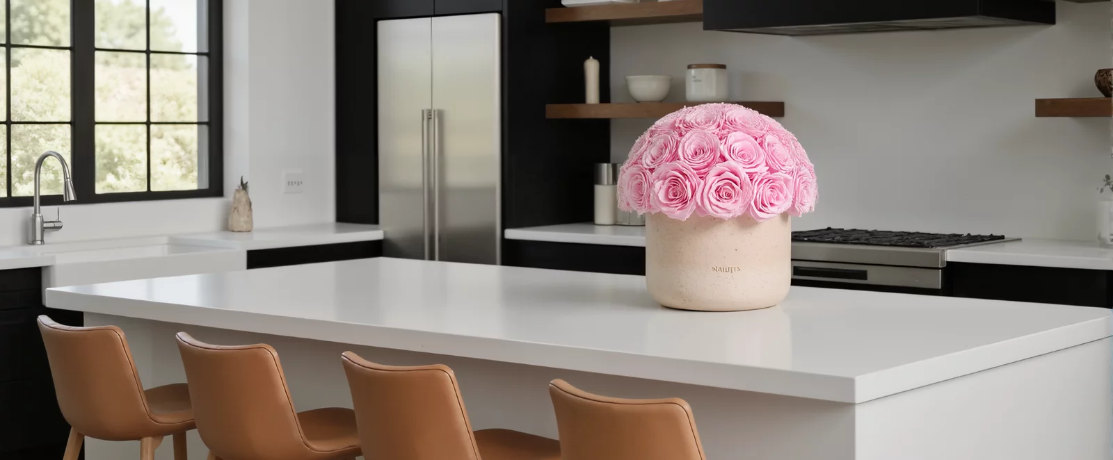 Light pink flower-shaped vase with pink roses on a kitchen island, modern floral arrangement.