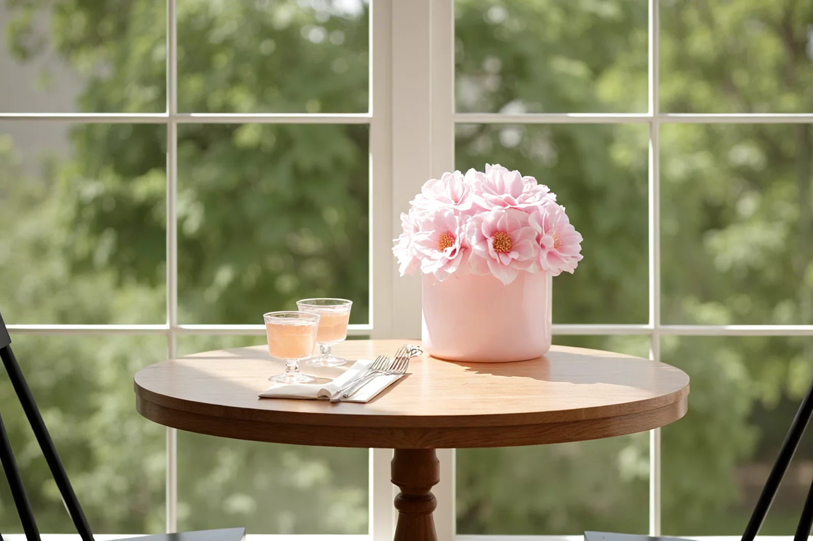 Cozy corner with wooden table, pink faux flowers, and garden view