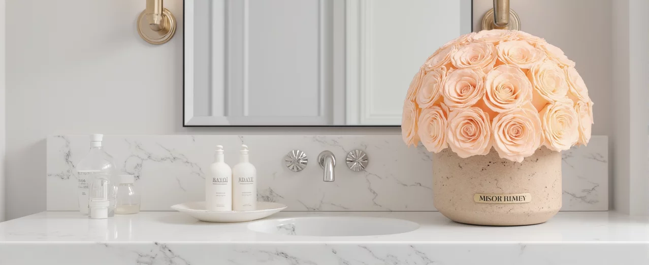 Beige rose-shaped decorative piece in a bathroom, elegant floral display.