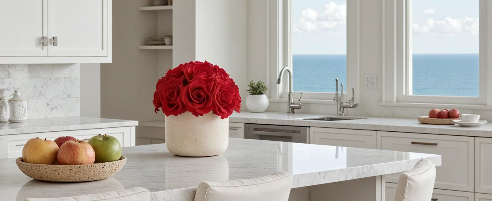 Vase of red roses on a kitchen island with an ocean view, coastal floral display.
